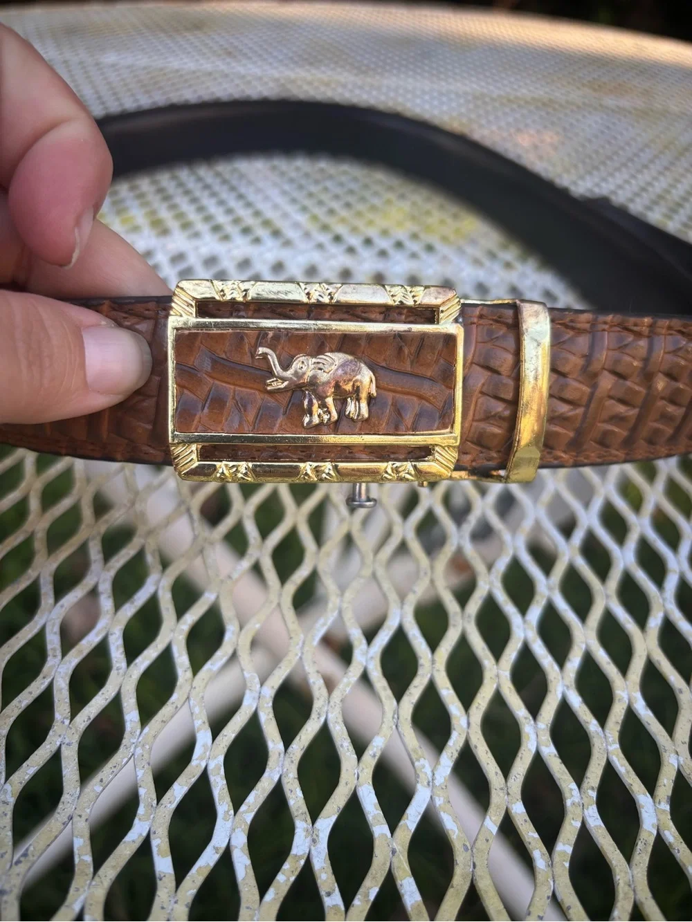 Vintage Leather Textured Brown Men's Belt with Gold Elephant Buckle with Ratchet